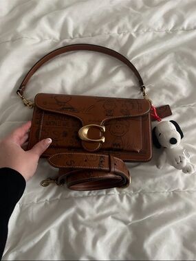 Authentic Brown Leather Shoulder Bag with Snoopy Print